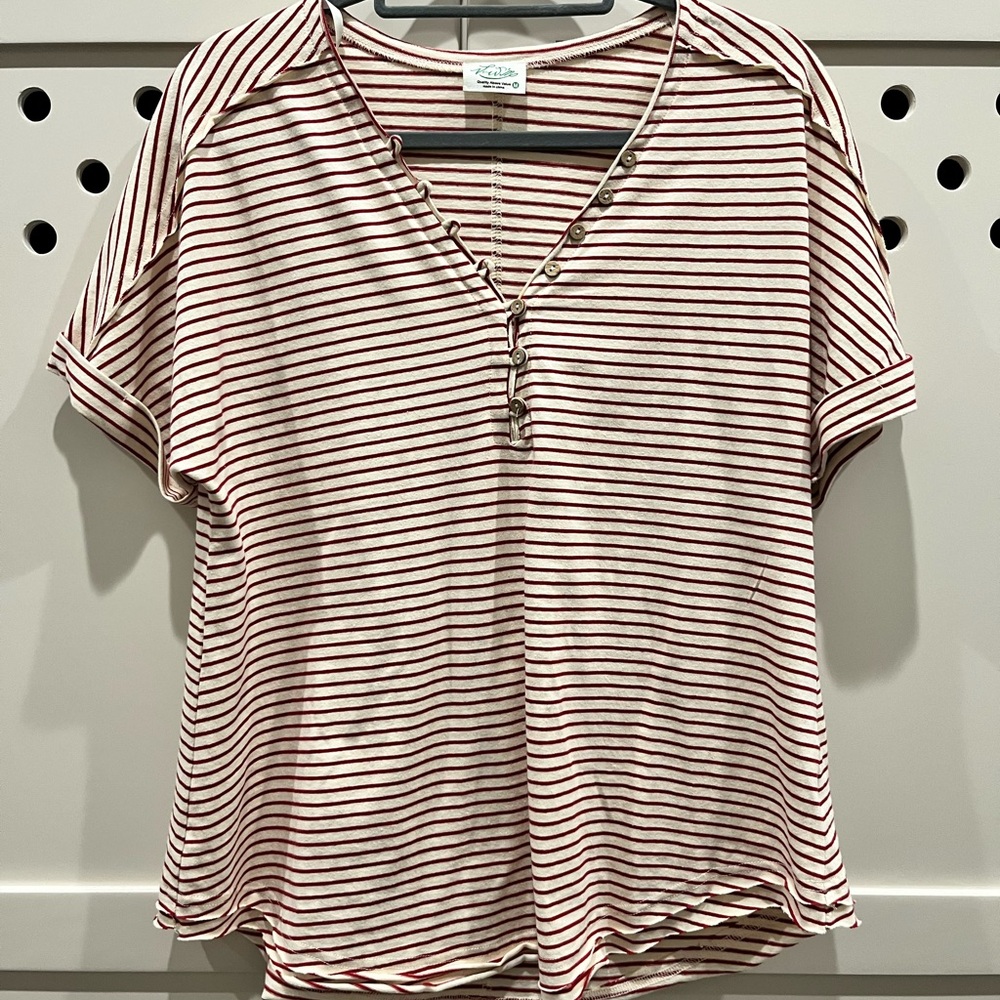 Casual Striped Henley Tee - Red Stripe